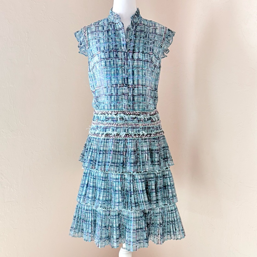 Maison Common Tweed Print Tiered Mini Dress w/ Braided Trim Blue 36 6
